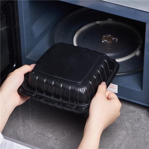 8X8" 3-Compartment 50-Pack Plastic Clamshell Takeout Food Trays Heavy Duty - Picture 4 of 7